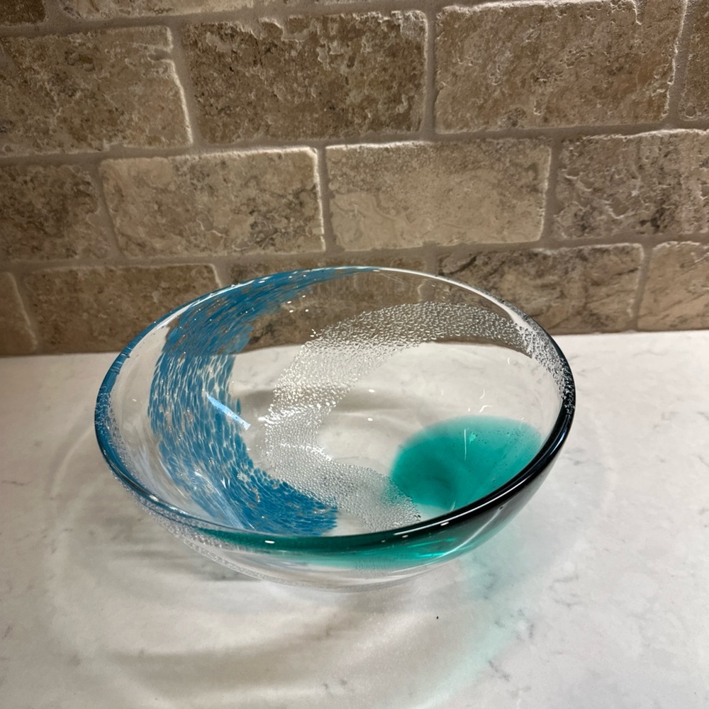 HAND BLOWN Crystal BOWL HEAVY GREEN Blue Swirl WHITE Bulicante On Clear Textured